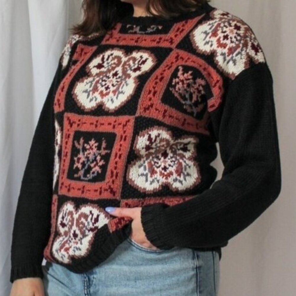 Vintage Black and Pink Floral Knit Sweater Medium